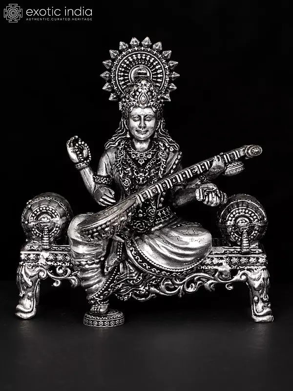 Superfine Goddess Saraswati Idol Seated on Singhasan | Brass Statue