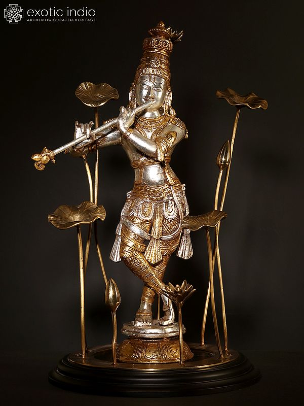 24" Lord Krishna Idol Standing on Flowers Design Pedestal Playing Flute | Brass and Wood