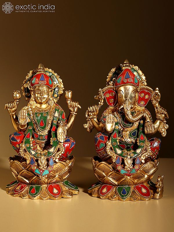 9" Goddess Lakshmi and Lord Ganesha Idol | Brass Statue with Inlay Work