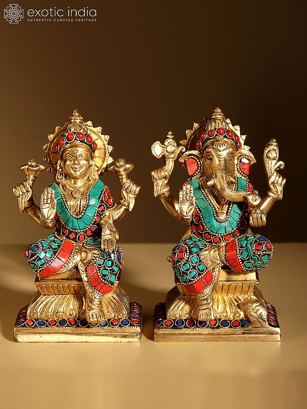 6" Small Lakshmi Ganesha Seated on Pedestal | Brass with Inlay Work
