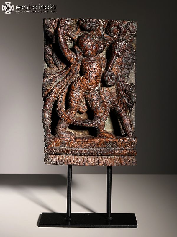 14" Wood Carved Lord Hanuman on Iron Stand