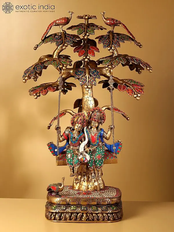 36" Large Radha Krishna on Swing | Brass Statue with Inlay Work