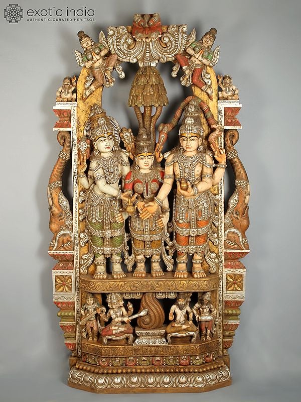 86" Large Wood Lord Shiva and Parvati Vivah Idol with Beautiful Carving