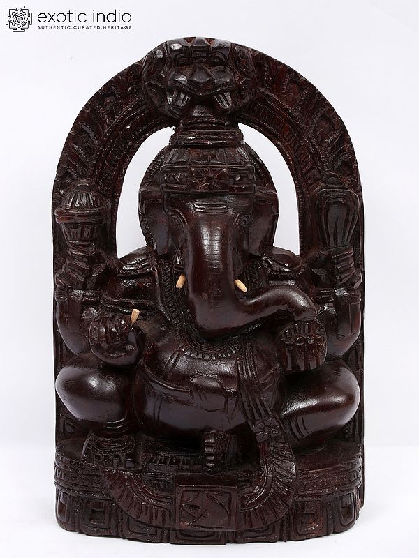9" Wood Seated Ganesha Idol