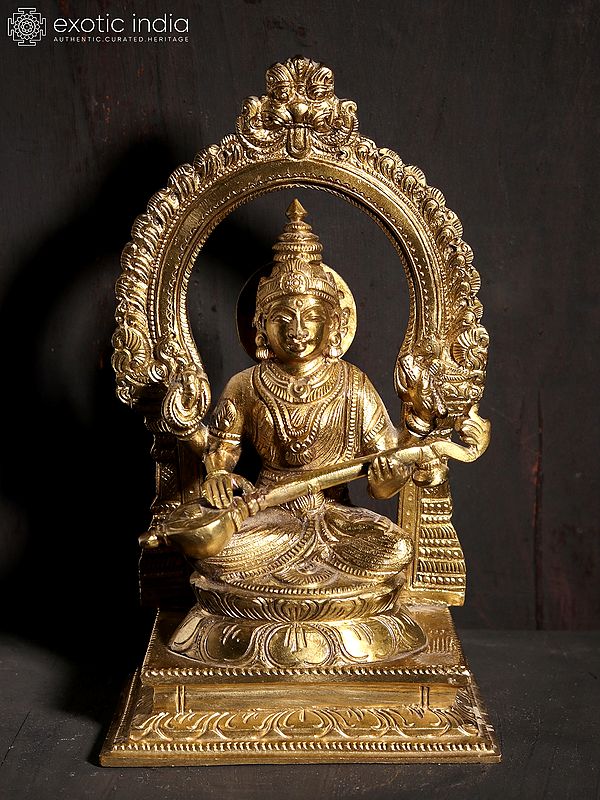 7" Goddess Saraswati Seated on Kirtimukha Throne | Hoysala Art | Bronze Statue