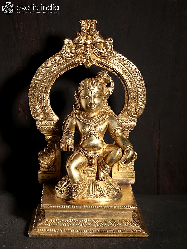 7" Bal Krishna Seated on Kirtimukha Throne | Hoysala Art | Bronze Statue