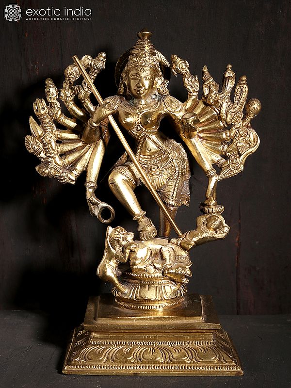 8" Eighteen Armed Mahishasur-Mardini (Goddess Durga) | Hoysala Art | Bronze Statue