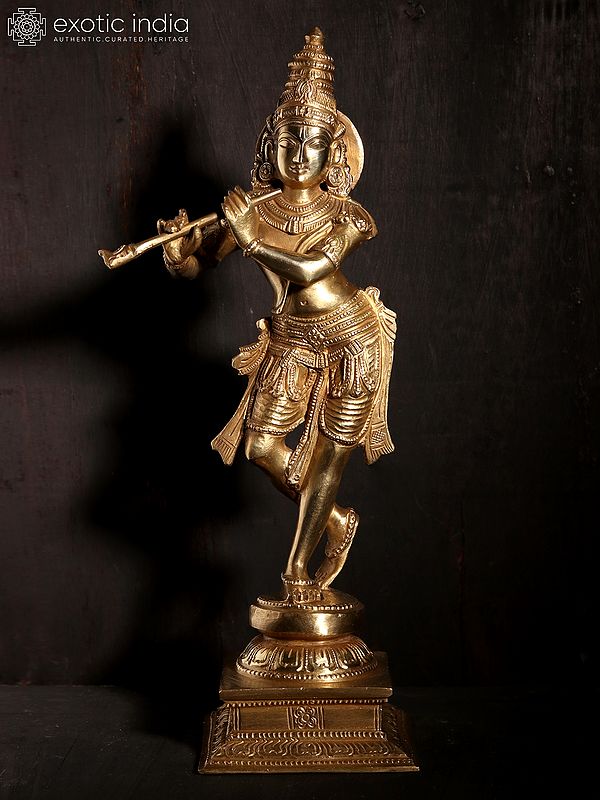 11" Standing Lord Krishna Bronze Statue Playing Flute | Hoysala Art