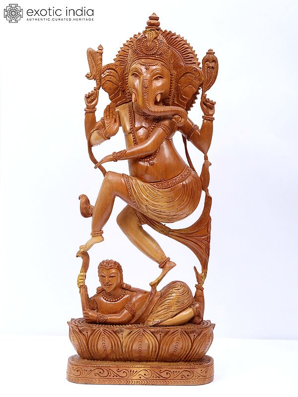 19" Four Armed Dancing Ganesha | Wood Statue