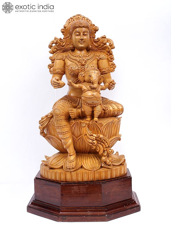 22" Seated Gauri-Ganesha Wood Statue