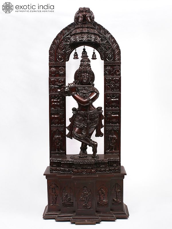 63" Large Fluting Krishna with Kirtimukha Arch | Wood Statue