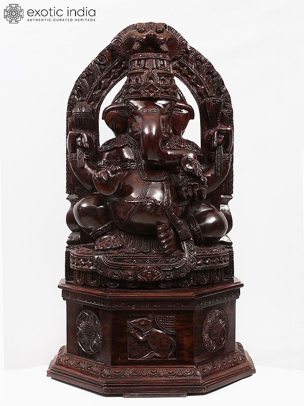 34" Large Chaturbhuj Ganesha Seated on Kirtimukha Throne