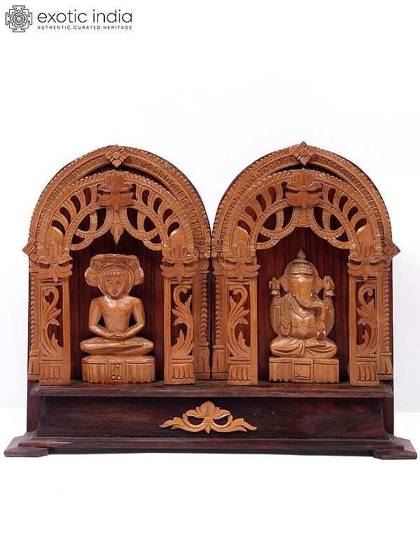 11" Wood Seated Parshavnath And Lord Ganesha Idol