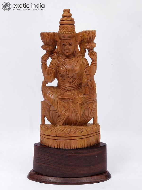 7" Wood Statue Of Goddess Lakshmi On Lotus