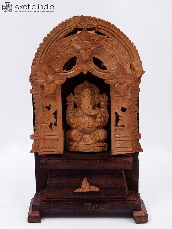 5" Beautiful Statue Of Seated Ganesha With Wood Carving