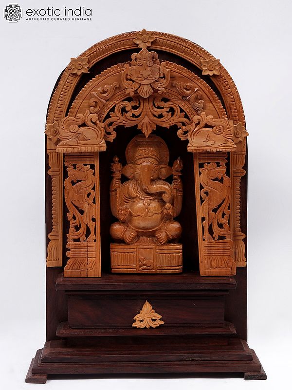 11" Seated Lord Ganesha Idol With Wood Carving