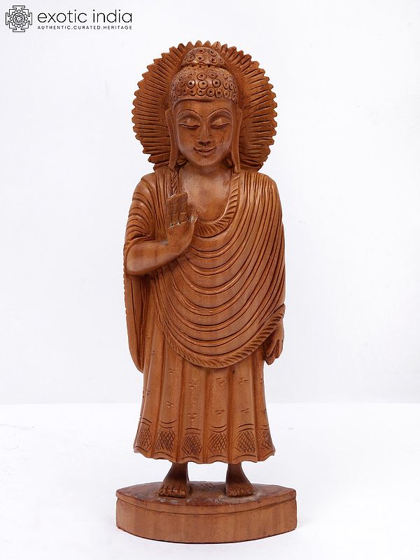 8" Wood Statue Of Standing Lord Buddha