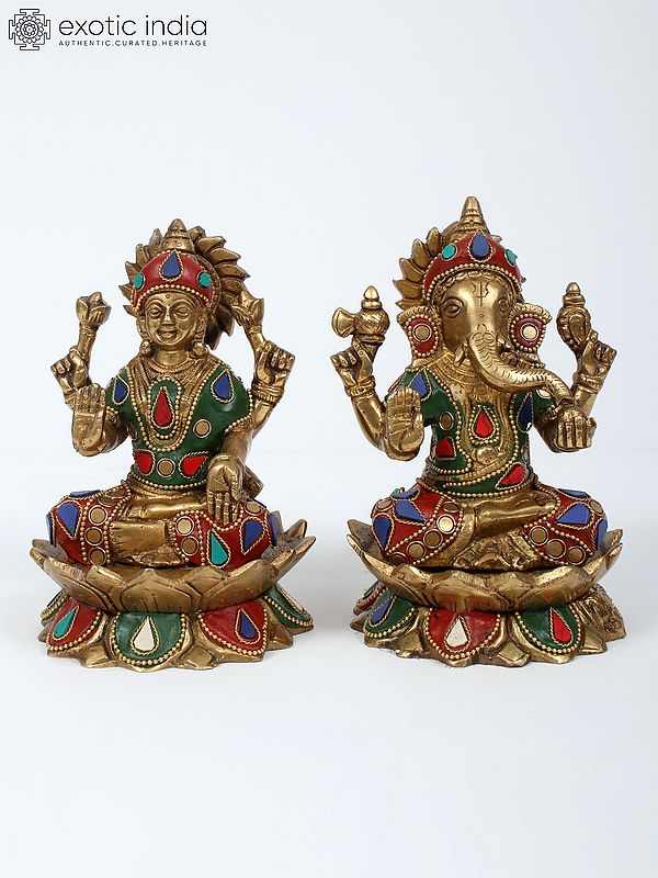 6" Small Blessing Lakshmi Ganesha | Brass with Inlay Work
