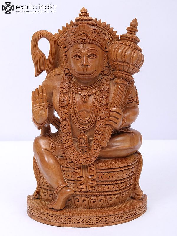 6" Wood Idol Of Seated Lord Hanuman