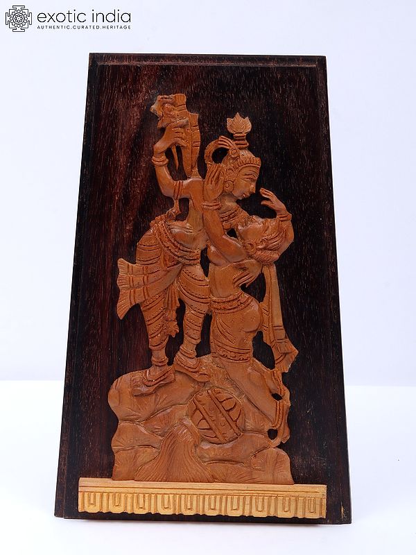 8" Radha And Krishna Table Frame In Wood With Hand Carved