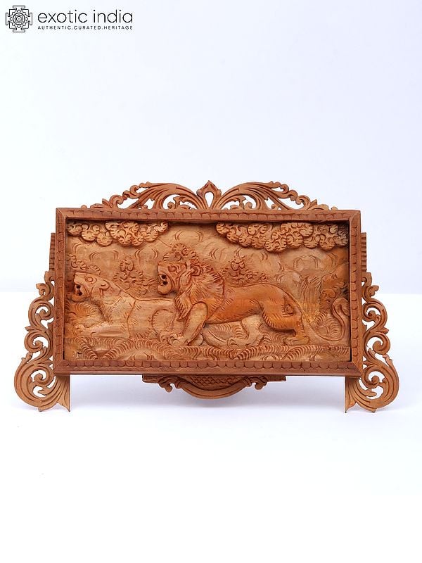 8" Beautiful Wood Carving Frame Of Roaring Lions