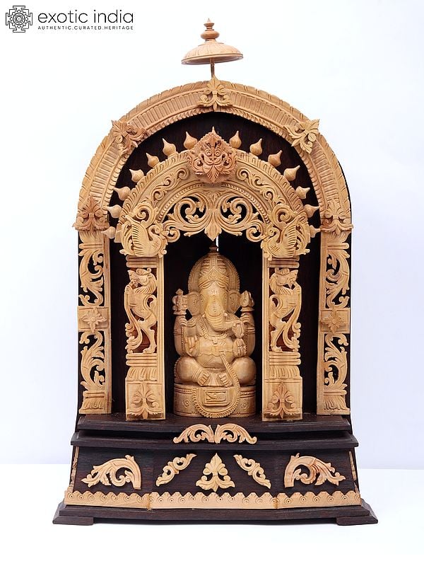 18" Wood Statue Of Lord Ganesha With Hand Carving