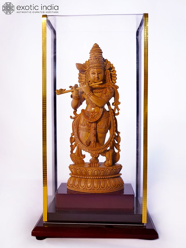 9" Standing Lord Krishna Playing Flute | Sandalwood Carved Statue