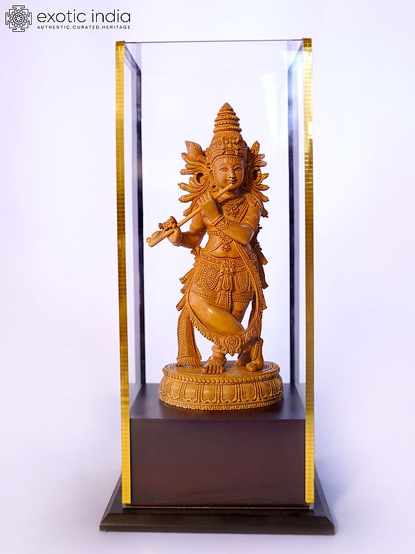 9" Fluting Lord Krishna | Sandalwood Carved Statue