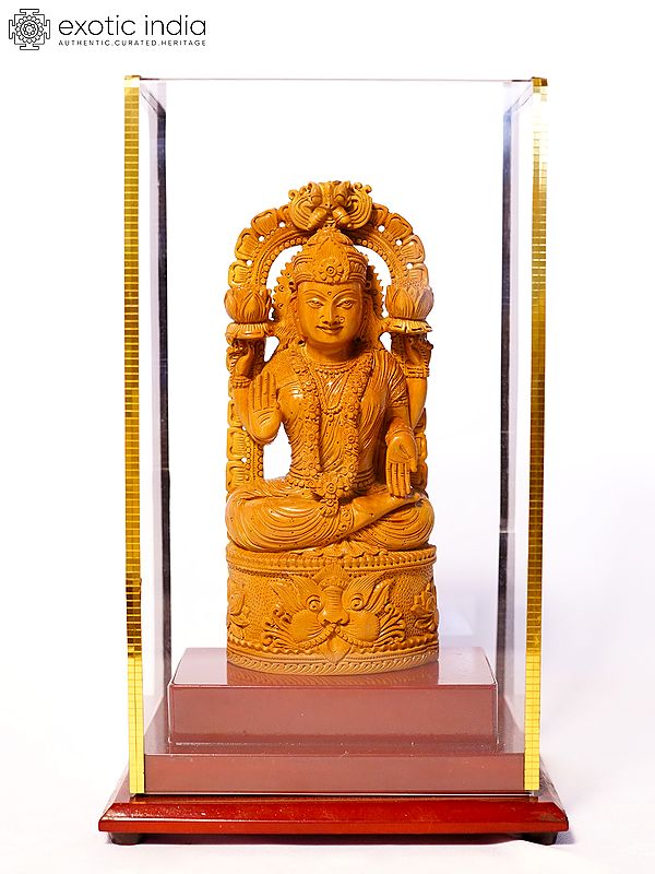 8" Sitting Goddess Lakshmi in Blessing Gesture | Sandalwood Carved Statue