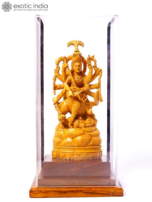 8" Ten Armed Goddess Durga | Sandalwood Carved Statue