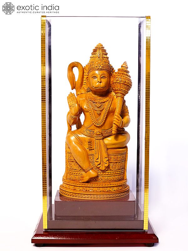 9" Lord Hanuman Seated in Blessing Gesture | Sandalwood Carved Statue
