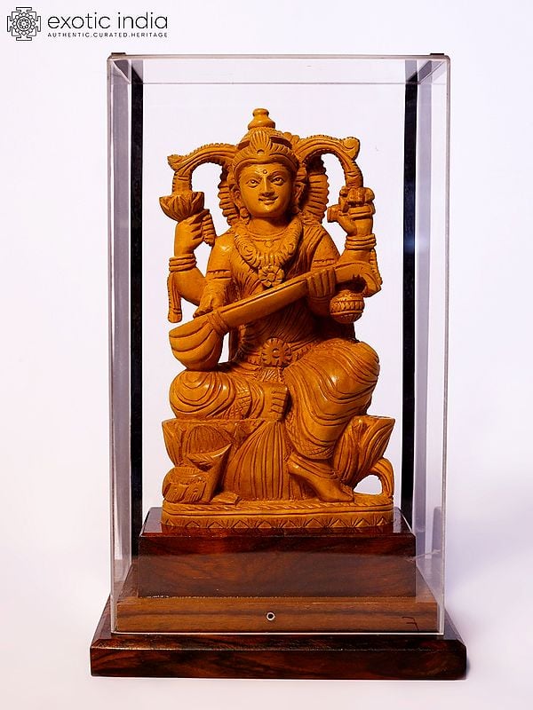 7" Devi Saraswati Seated on Lotus | Sandalwood Carved Statue