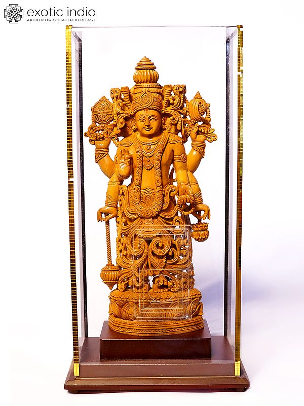 13" Six Armed Standing Lord Vishnu | Sandalwood Carved Statue