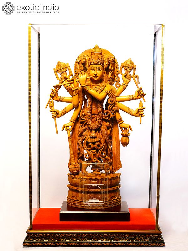 16" Ten Armed Fluting Lord Krishna | Sandalwood Carved Statue