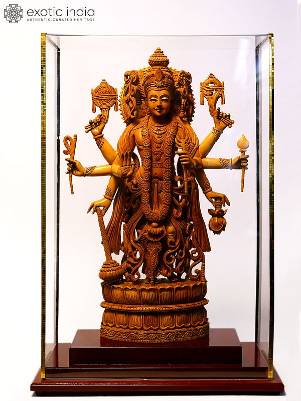 16" Eight Armed Standing Lord Vishnu | Sandalwood Carved Statue