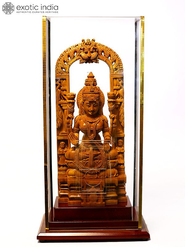 12" Goddess Lakshmi Seated on Kirtimukha Throne | Sandalwood Carved Statue