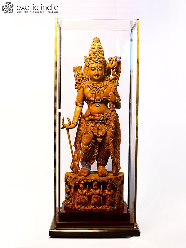 20" Lord Rama Standing on Round Base Carved with Rama Darbar | Sandalwood Carved Statue
