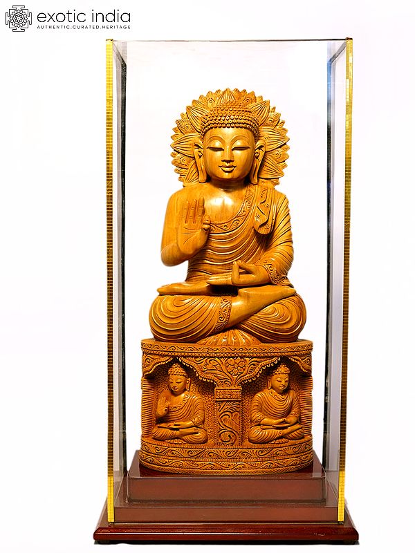 16" Sitting Lord Buddha in Vitark Mudra | Sandalwood Carved Statue