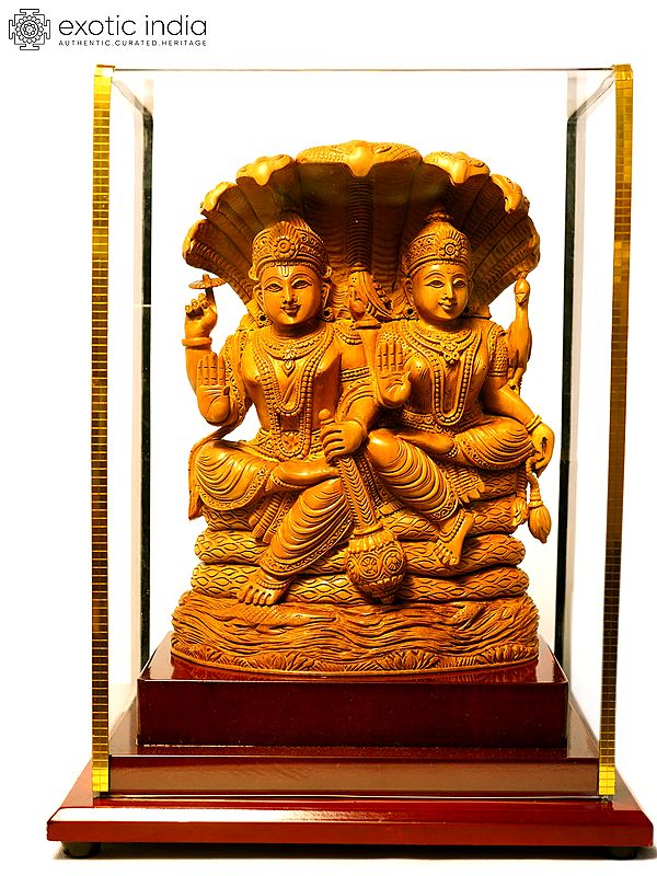 8" Lakshmi - Narayana Seated on Sheshnag | Sandalwood Carved Statue