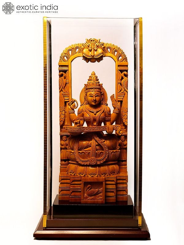 12" Devi Saraswati Seated on Kirtimukha Throne | Sandalwood Carved Statue