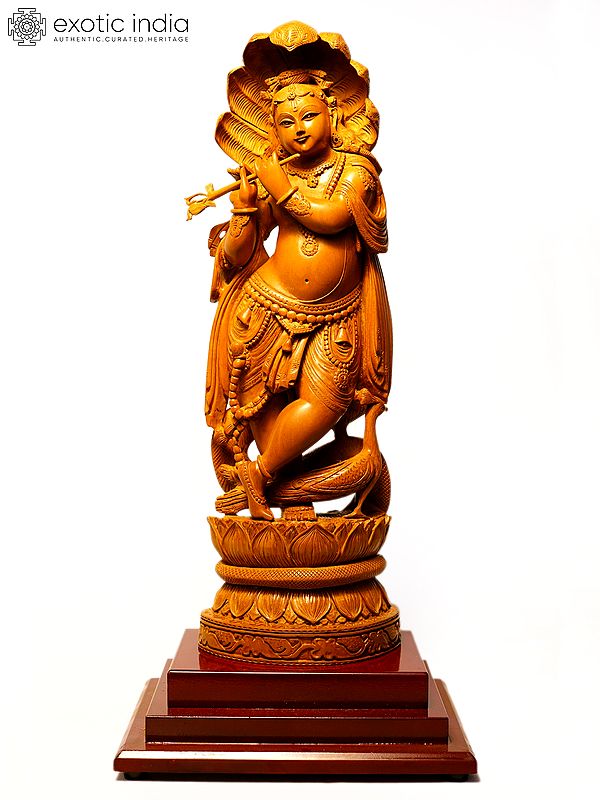 16" Lord Krishna Standing on Lotus Pedestal Playing Flute | Sandalwood Carved Statue