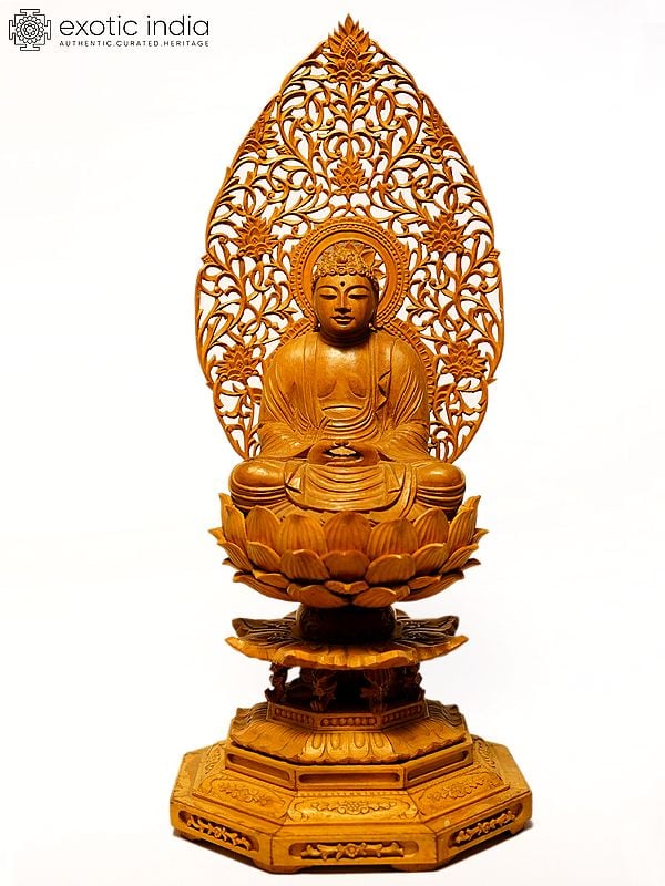 13" Meditating Buddha Seated on Lotus | Sandalwood Carved Statue