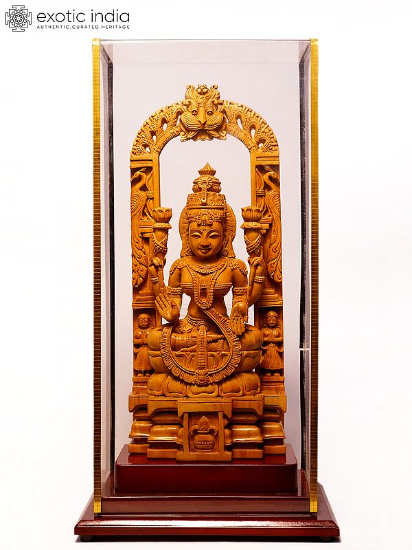 13" Devi Lakshmi Seated on Kirtimukha Throne | Sandalwood Carved Statue