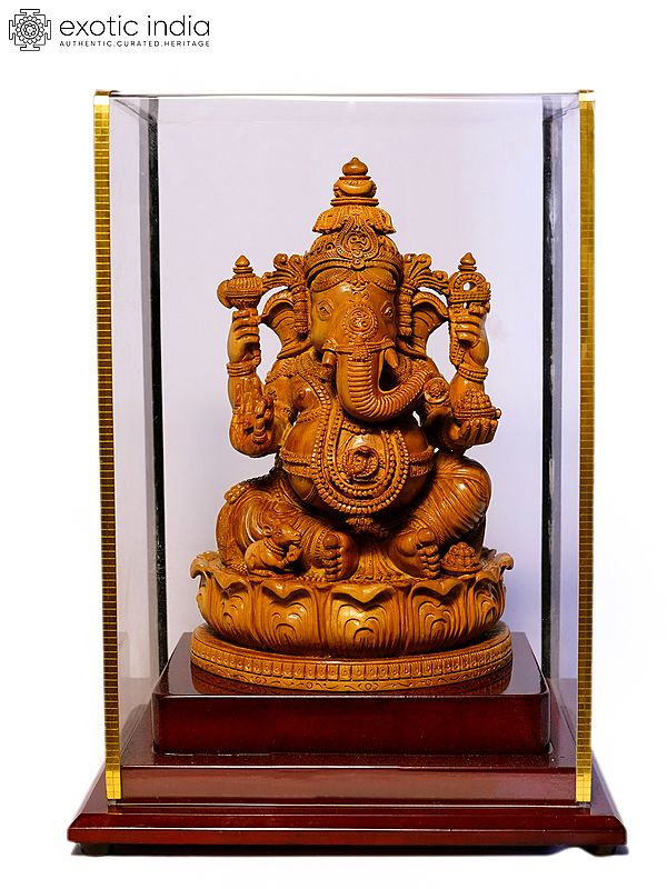 10" Four Hands Lord Ganesha with Mushak | Sandalwood Carved Statue
