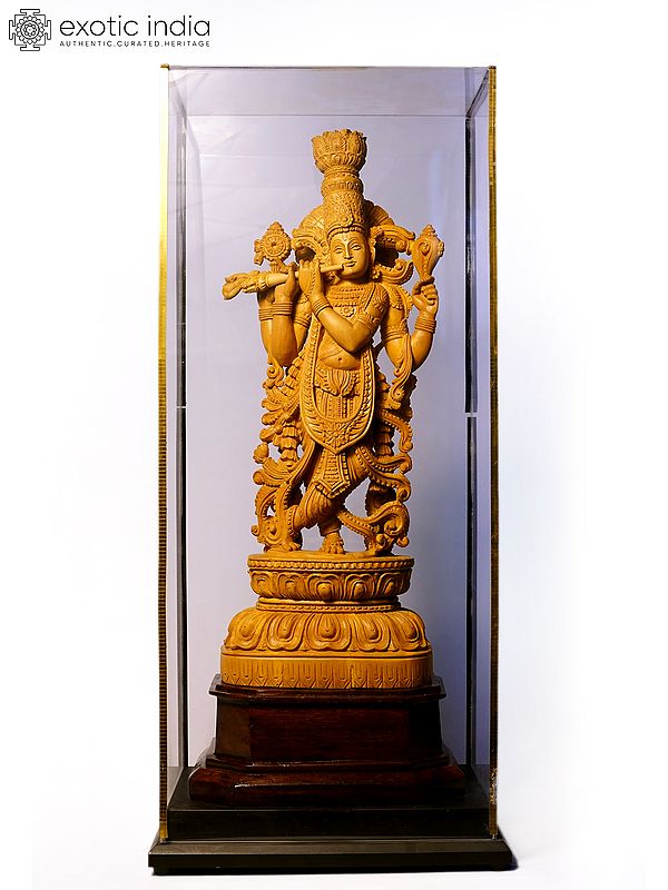 18" Bhagawan Shri Krishna Playing Flute | Sandalwood Carved Statue