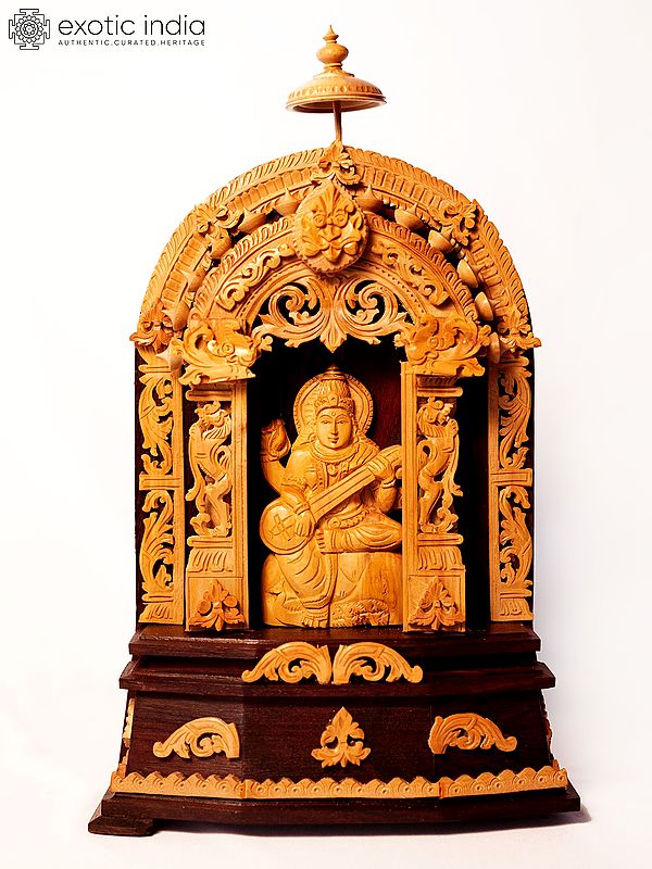 13" Goddess Saraswati Seated in Temple | Sandalwood Carved Statue