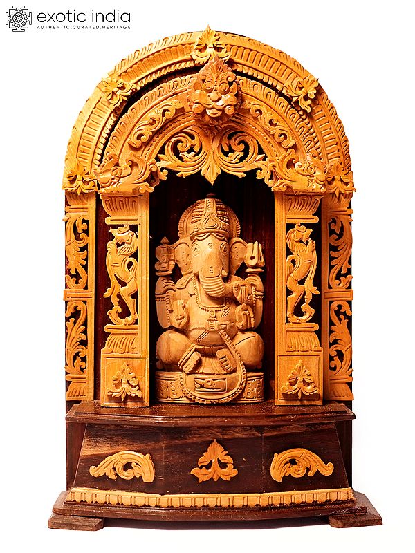 13" Lord Ganesha Seated on Kirtimukha Throne | Sandalwood Carved Statue