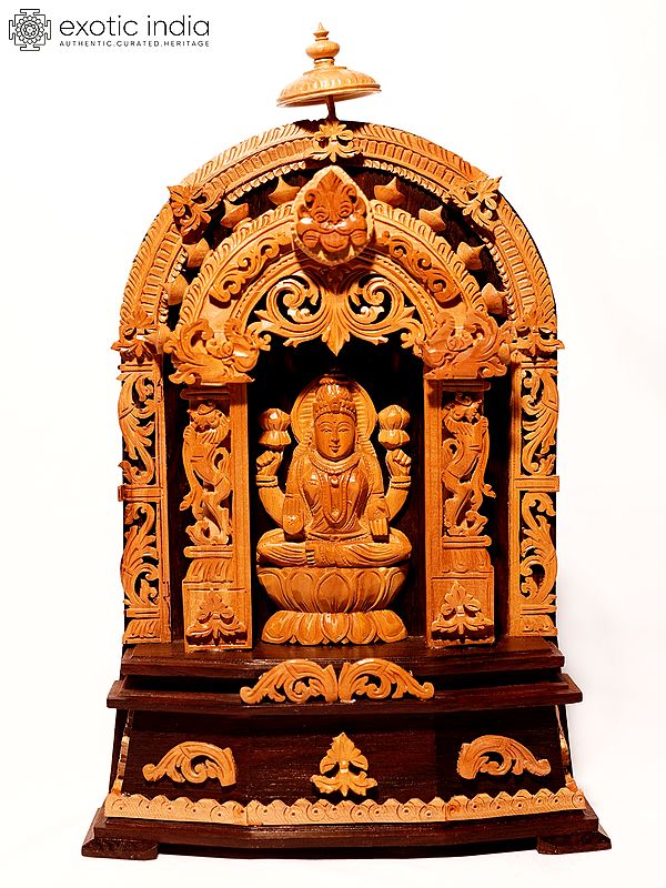 13" Blessing Goddess Lakshmi Seated on Lotus with Kirtimukha Prabhavali | Sandalwood Carved Statue