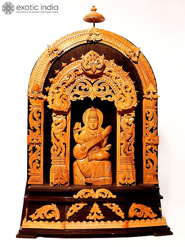 17" Goddess Saraswati Seated on Kirtimukha Throne | Sandalwood Carved Statue
