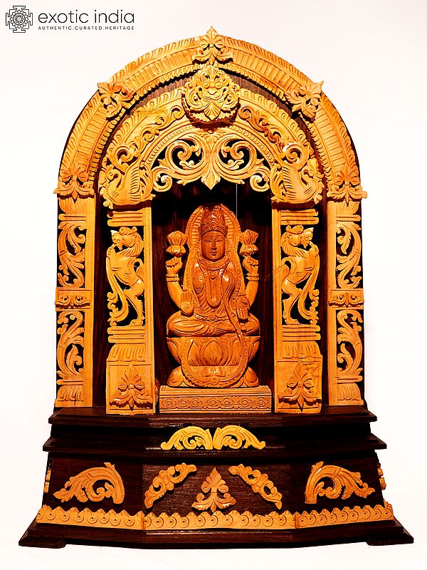 16" Devi Lakshmi Inside a Kirtimukha Temple | Sandalwood Carved Statue